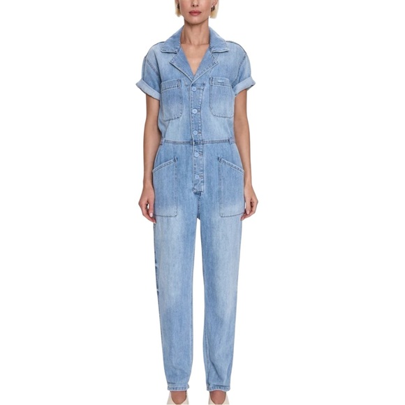NWT Pistola Grover Light Blue Denim Short Sleeve Jumpsuit SMALL in Disoriented - Picture 2 of 11
